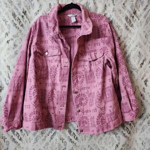 Stonebridge Signature Womens Jacket Shaket Embroidered Button Up Pink Aztec Boho